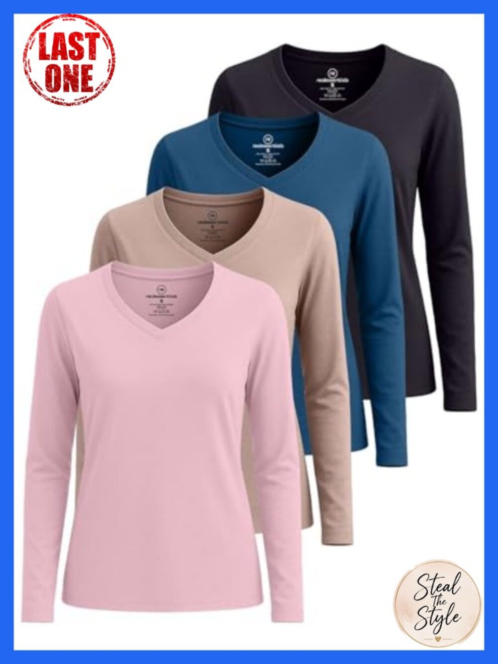 Women's Long Sleeve Cotton Blend V Neck T Shirts Basic Tees 4 Pack